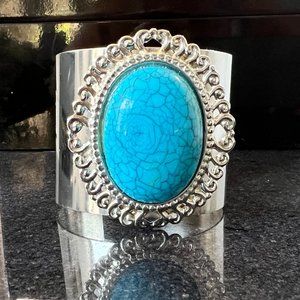 Vintage Faux Turquoise Shiny Metal Cuff, 80s Large Turquoise Bracelet